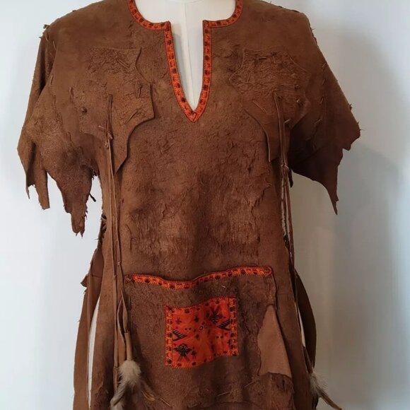 Small Vintage 1980s ROBERTO CAVALLI Distressed Suede Native Look Boho Tunic Top - Picture 1 of 12